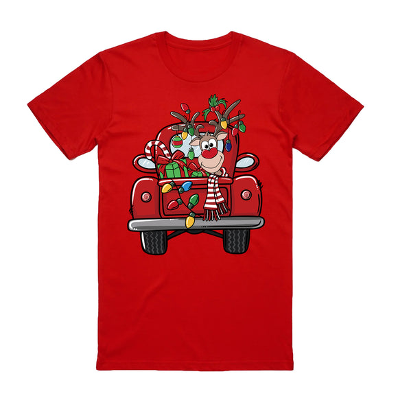 100% Cotton Christmas T-shirt Adult Unisex Tee Tops Funny Santa Party Custume, Car with Reindeer (Red), XL