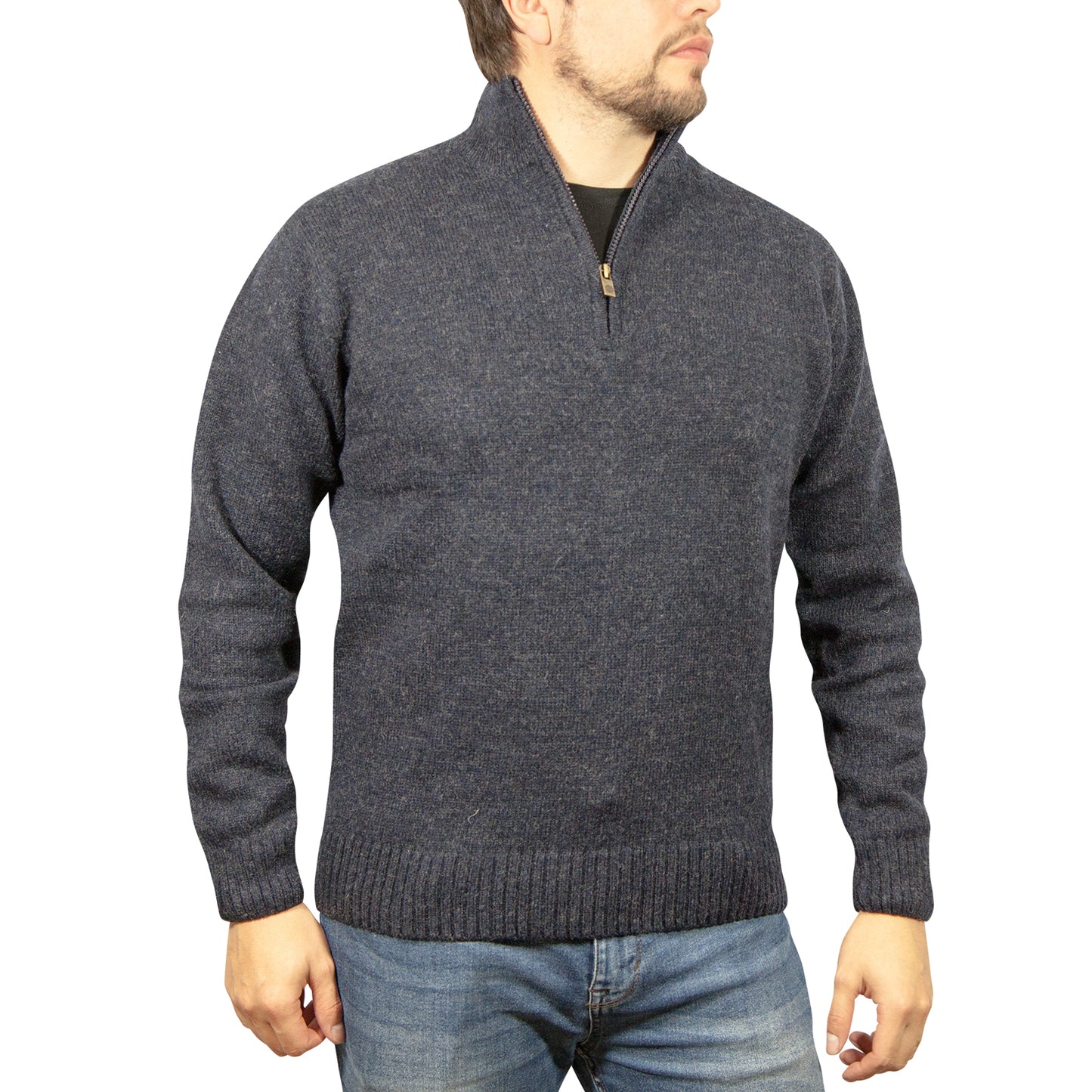 100% SHETLAND WOOL Half Zip Up Knit JUMPER Pullover Mens Sweater Knitted - Denim Blue (45) - S