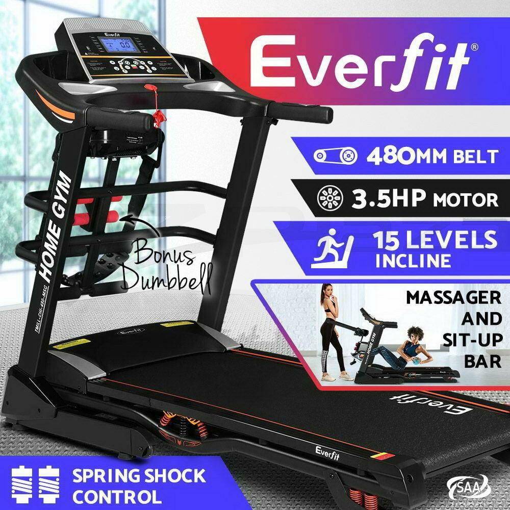 Everfit electric treadmill 450mm 18kmh 3.5 hp auto incline home gym run exercise machine fitness discount dumbbell massager sit up bar