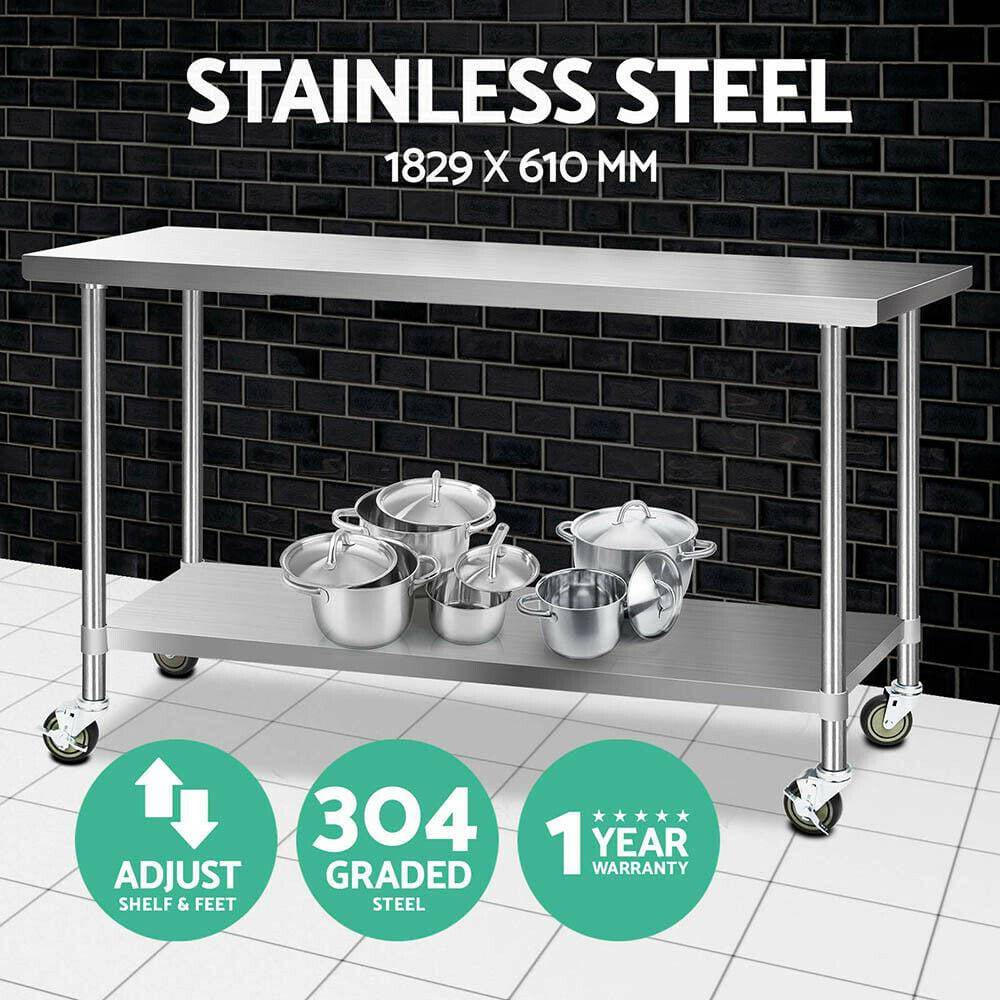 Cefito 304 Stainless Steel Kitchen Benches Work Bench Food Prep Table with Wheels 1829MM x 610MM