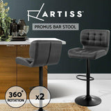 2x Kitchen Bar Stools Gas Lift Bar Stool Chairs Swivel Leather Black Grey